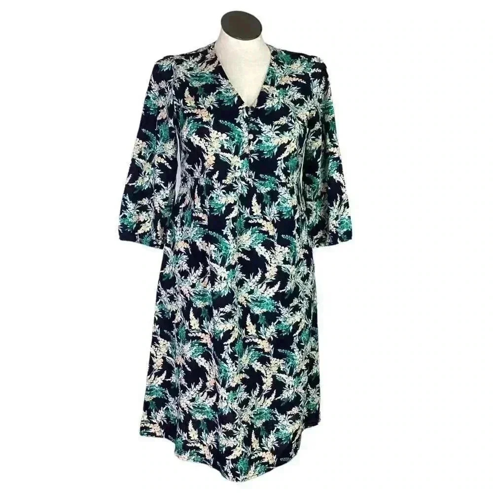 J. Jill Dress Womens S Blue Green Floral Cotton Puff Sleeve Pockets Midi - Picture 3 of 11